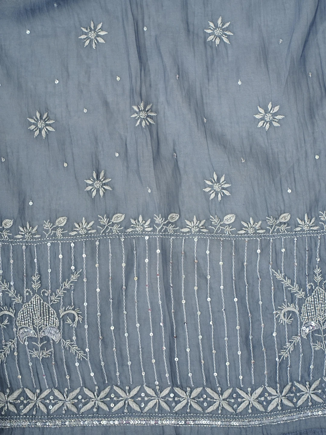 Ada Hand Embroidered Grey Chanderi Lucknowi Chikankari Semi Stitched Kurta Dupatta Set With Cutdana Work 01A971916