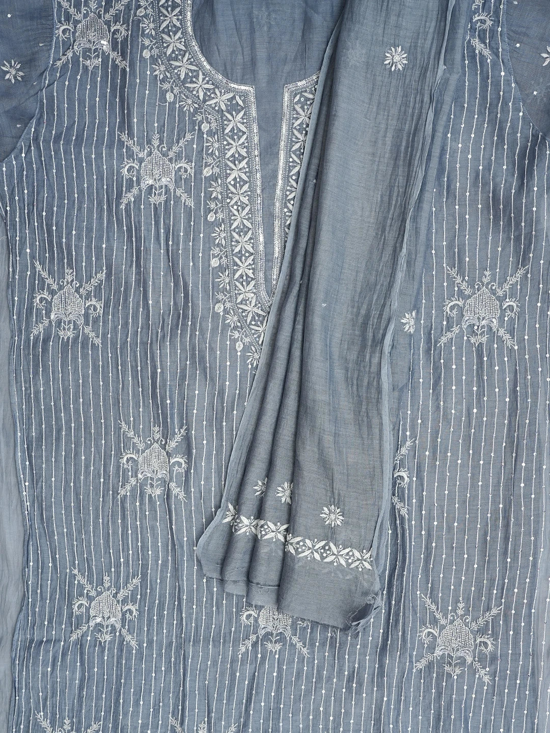 Ada Hand Embroidered Grey Chanderi Lucknowi Chikankari Semi Stitched Kurta Dupatta Set With Cutdana Work 01A971916