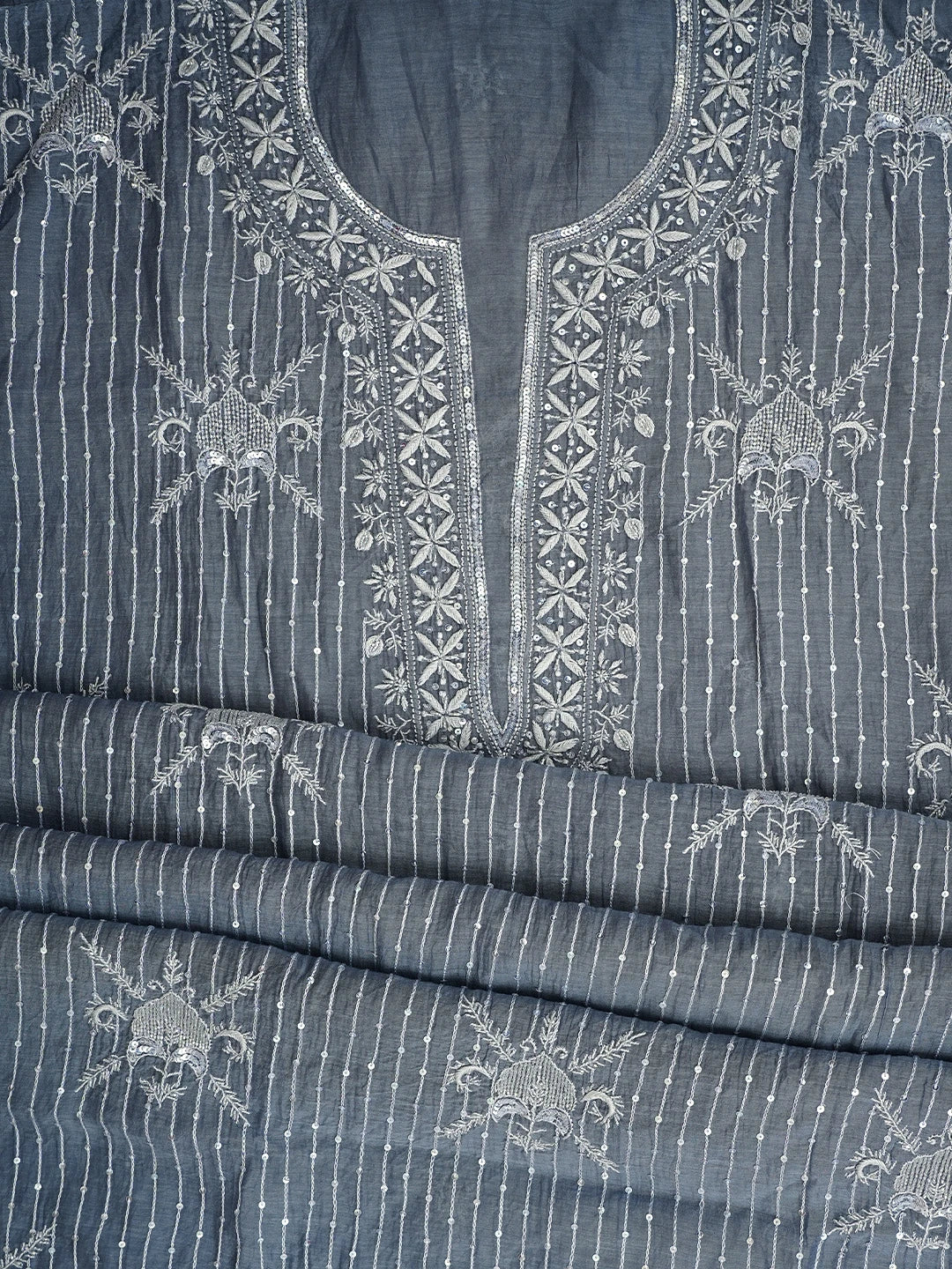Ada Hand Embroidered Grey Chanderi Lucknowi Chikankari Semi Stitched Kurta Dupatta Set With Cutdana Work 01A971916