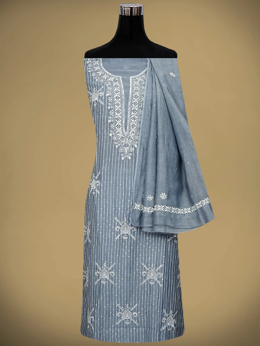 Ada Hand Embroidered Grey Chanderi Lucknowi Chikankari Semi Stitched Kurta Dupatta Set With Cutdana Work 01A971916