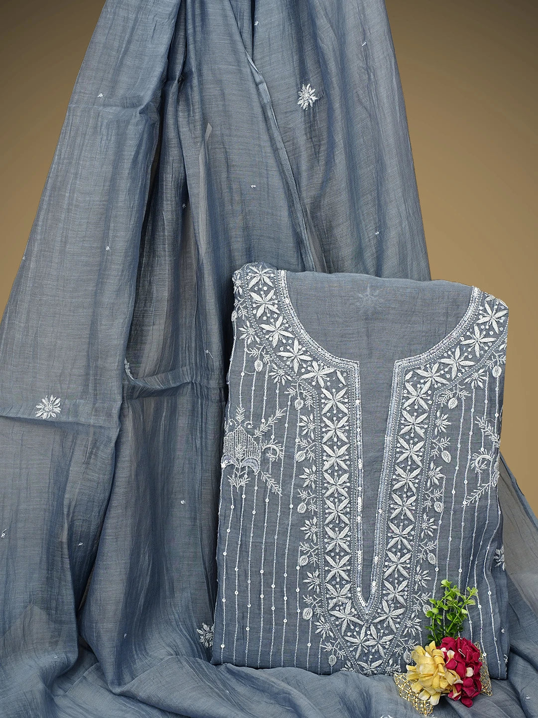Ada Hand Embroidered Grey Chanderi Lucknowi Chikankari Semi Stitched Kurta Dupatta Set With Cutdana Work 01A971916