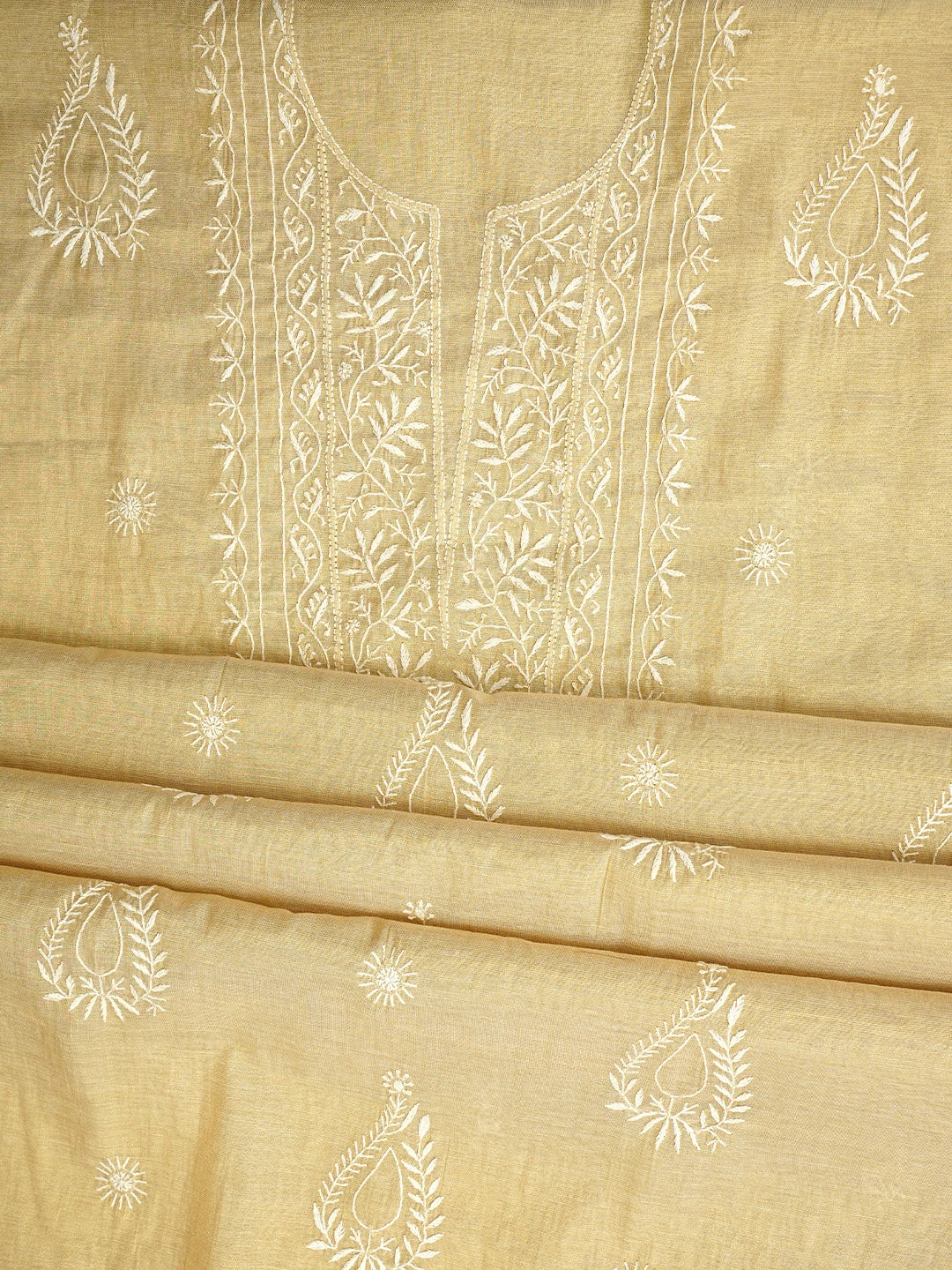Ada Hand Embroidered Fawn Tissue Lucknowi Chikankari Unstitched Kurta Dupatta Set 01A912334
