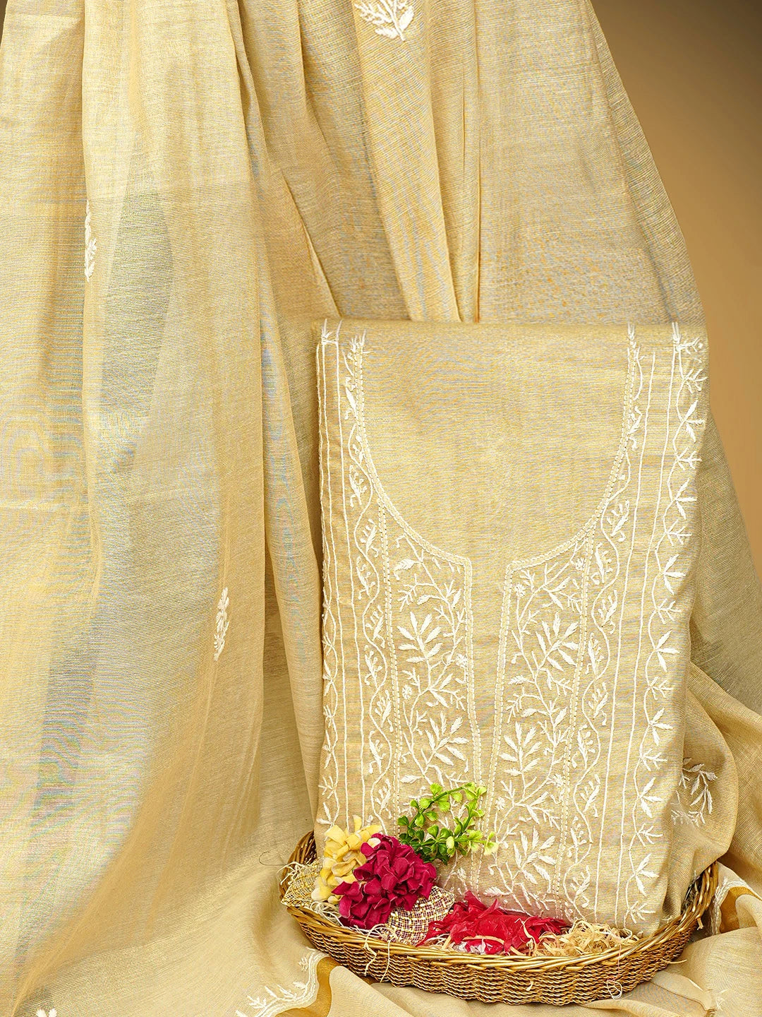 Ada Hand Embroidered Fawn Tissue Lucknowi Chikankari Unstitched Kurta Dupatta Set 01A912334