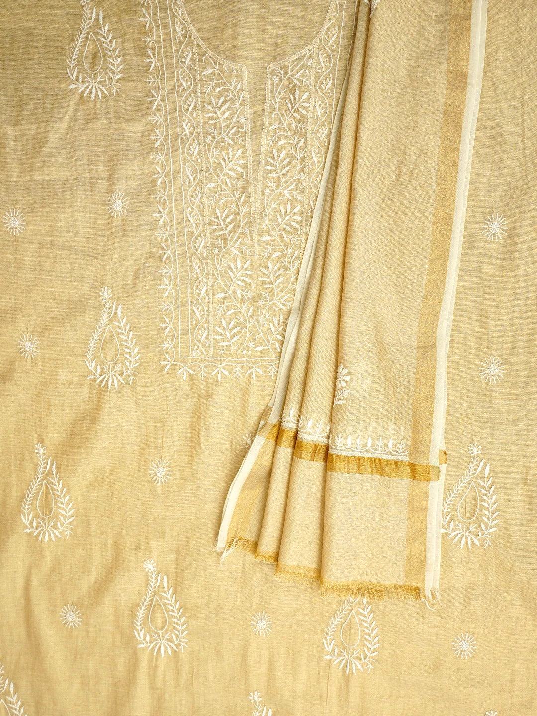 Ada Hand Embroidered Fawn Tissue Lucknowi Chikankari Unstitched Kurta Dupatta Set 01A912334