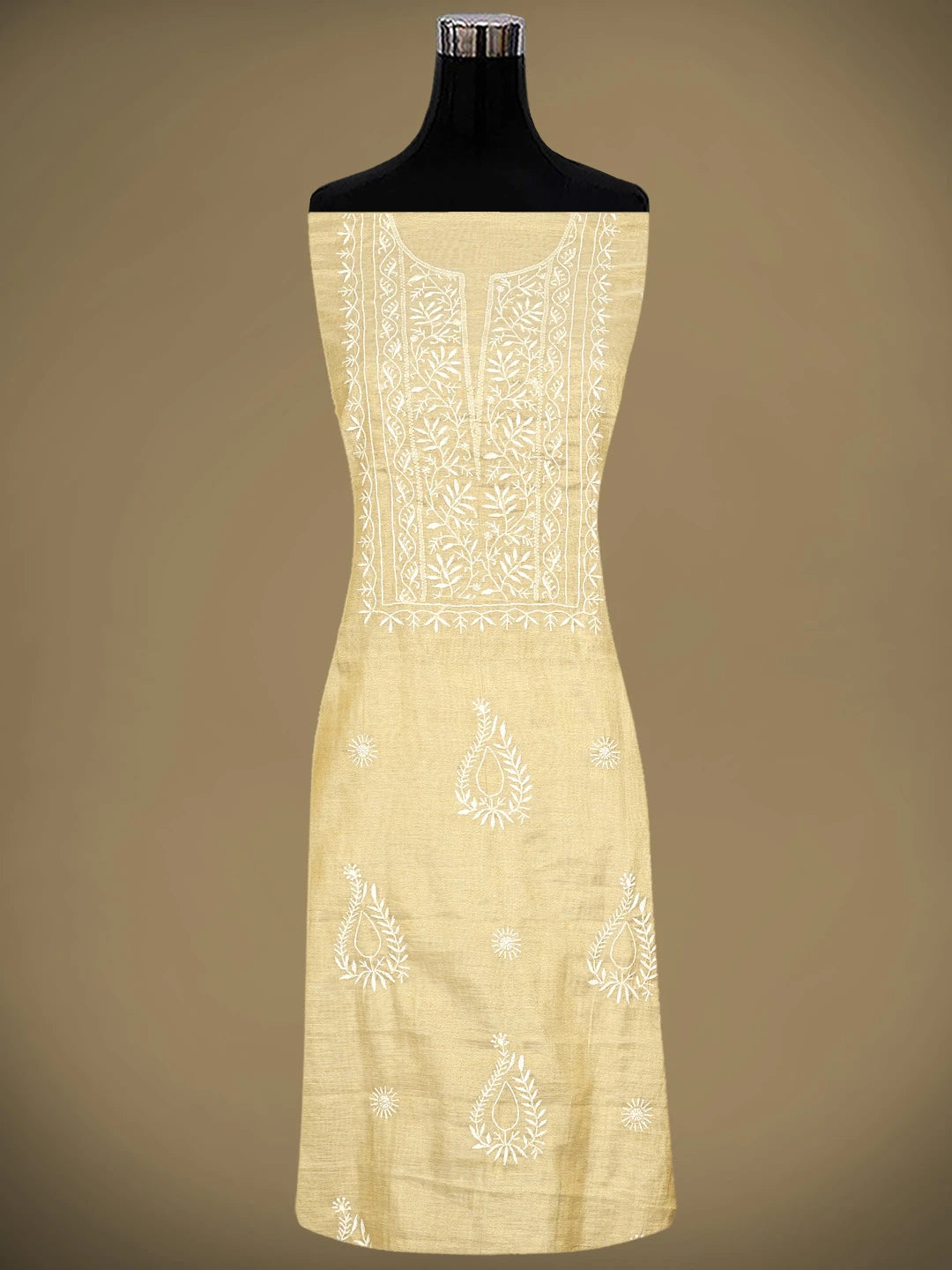 Ada Hand Embroidered Fawn Tissue Lucknowi Chikankari Unstitched Kurta Dupatta Set 01A912334