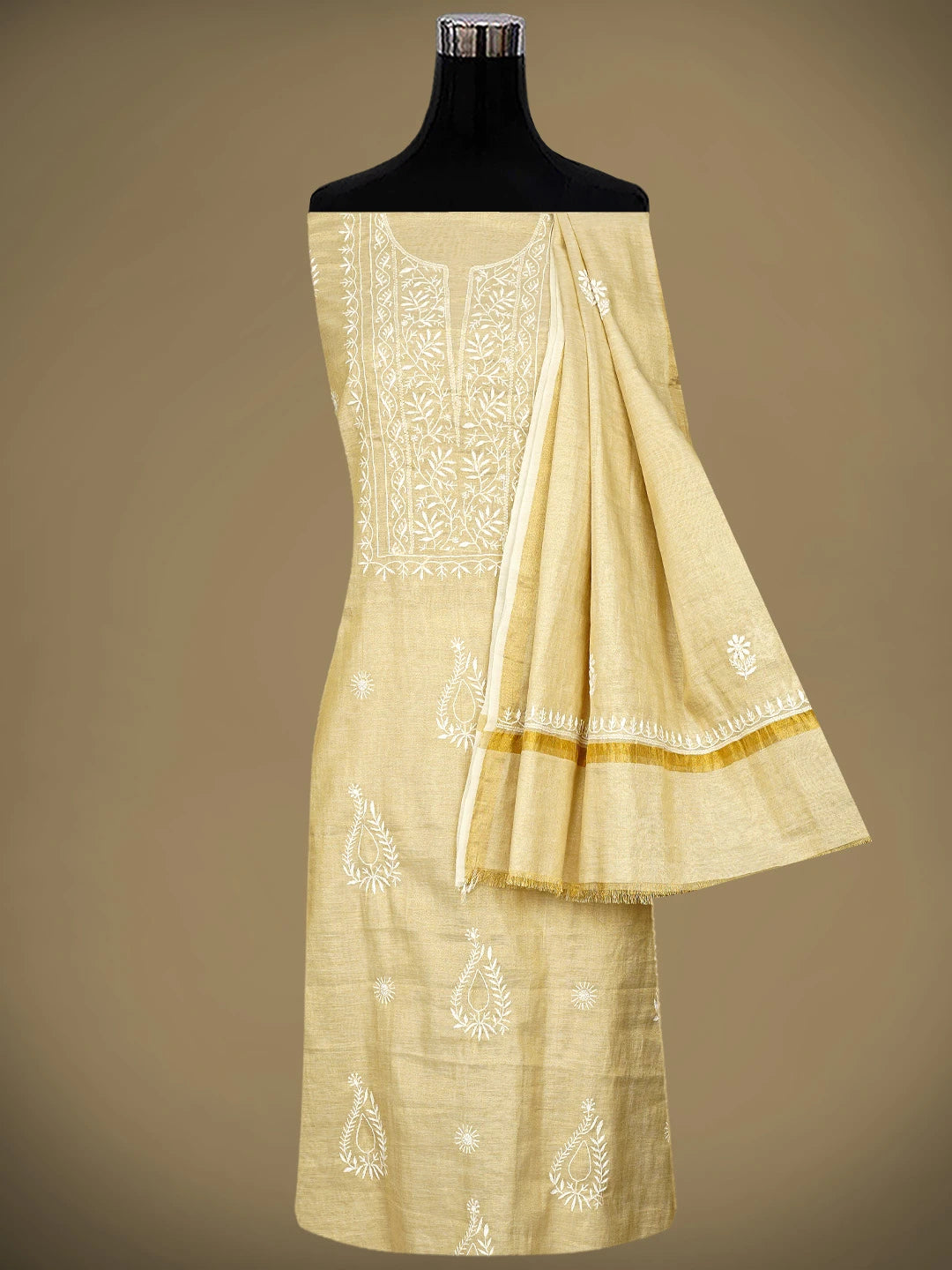 Ada Hand Embroidered Fawn Tissue Lucknowi Chikankari Unstitched Kurta Dupatta Set 01A912334