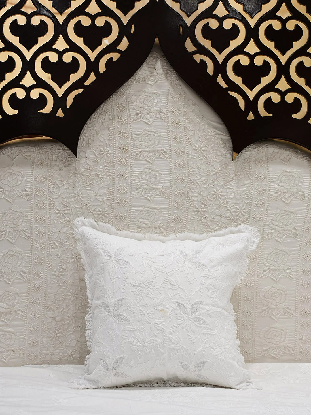 Ada Hand Embroidered White Cotton Lucknowi Chikankari Cushion Cover with Zari Taar Work 01A573358