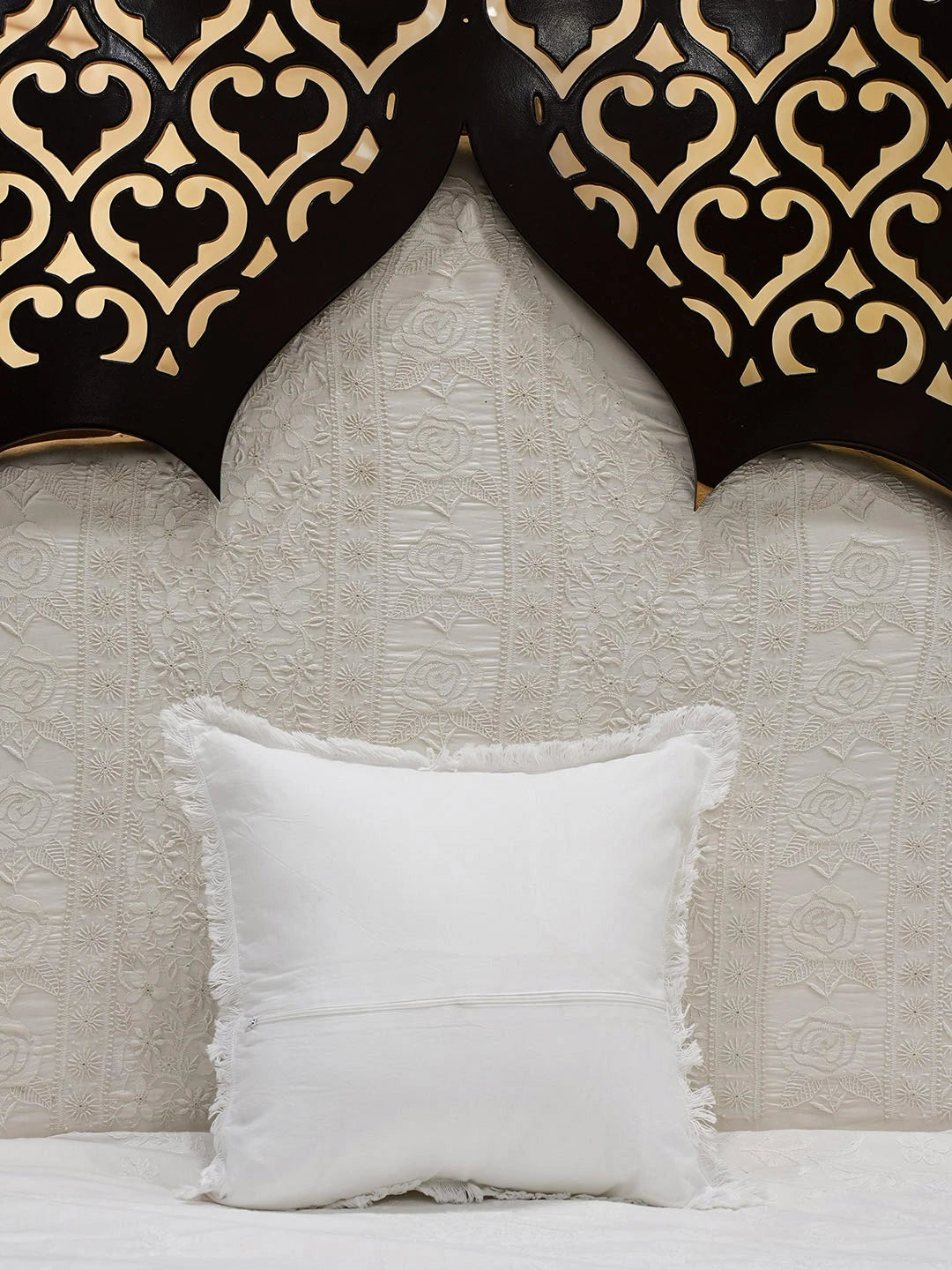 Ada Hand Embroidered White Cotton Lucknowi Chikankari Cushion Cover with Zari Taar Work 01A573358