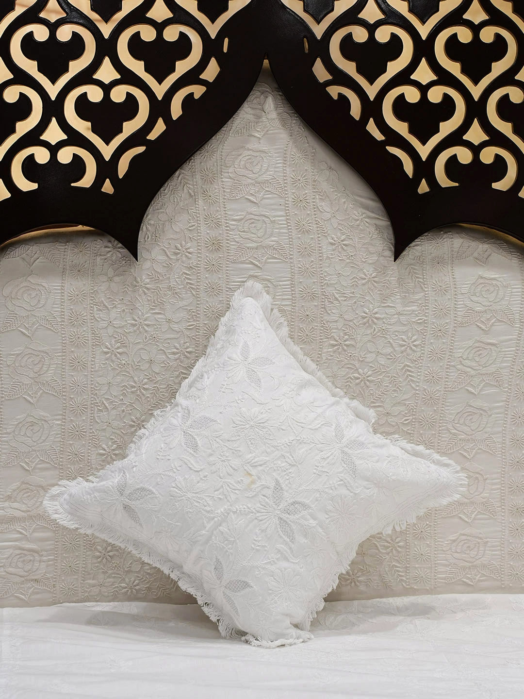 Ada Hand Embroidered White Cotton Lucknowi Chikankari Cushion Cover with Zari Taar Work 01A573358