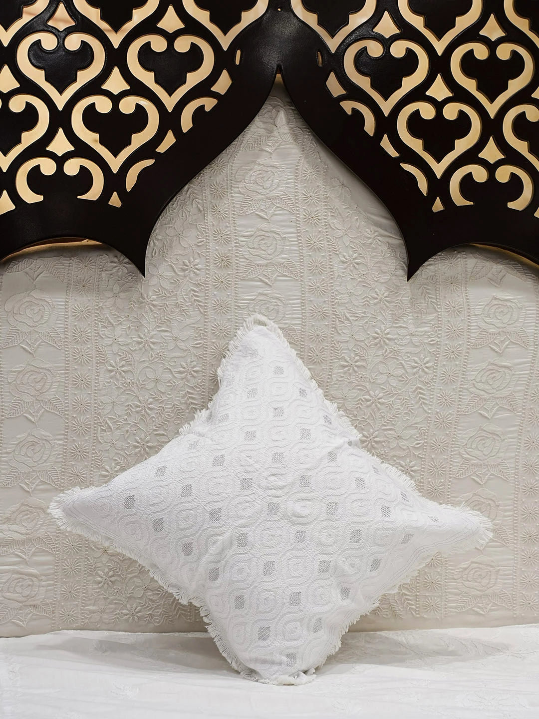 Ada Hand Embroidered White Cotton Lucknowi Chikankari Cushion Cover with Zari Taar Work 01A527359
