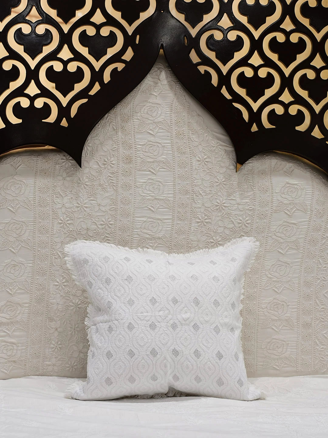 Ada Hand Embroidered White Cotton Lucknowi Chikankari Cushion Cover with Zari Taar Work 01A527359