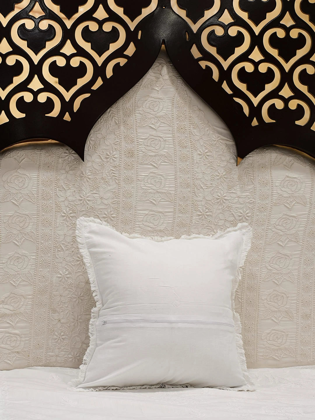 Ada Hand Embroidered White Cotton Lucknowi Chikankari Cushion Cover with Zari Taar Work 01A527359