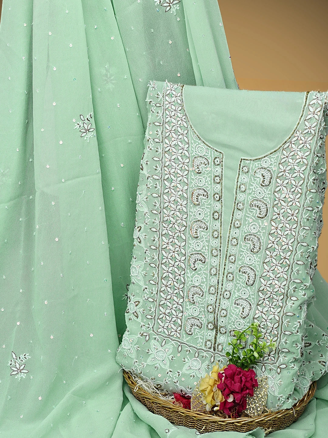 Ada Hand Embroidered Tea Green Pure Georgette Lucknowi Chikankari Unstitched Kurta Dupatta Set With Cutdana Work 01A533912