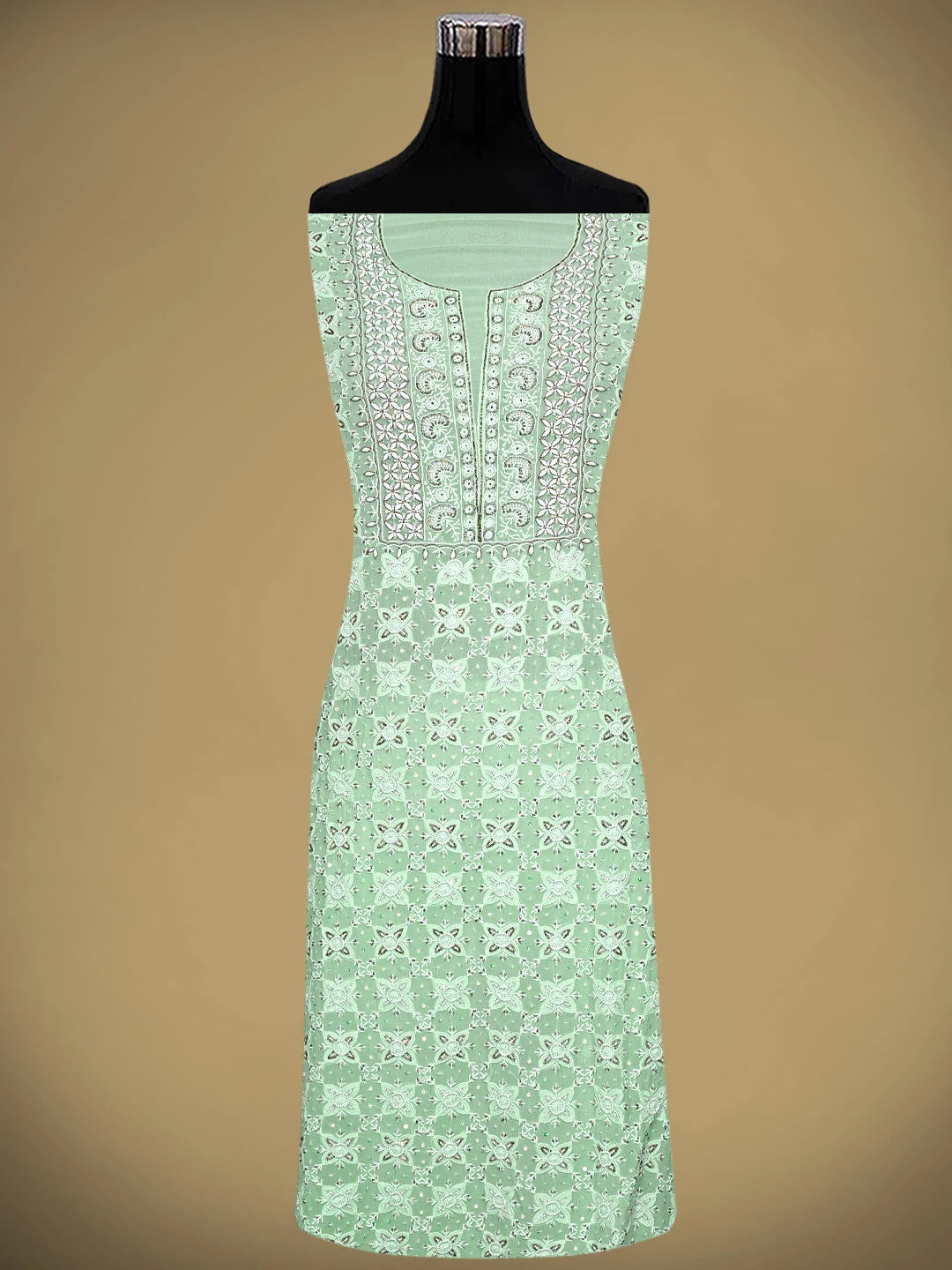 Ada Hand Embroidered Tea Green Pure Georgette Lucknowi Chikankari Unstitched Kurta Dupatta Set With Cutdana Work 01A533912