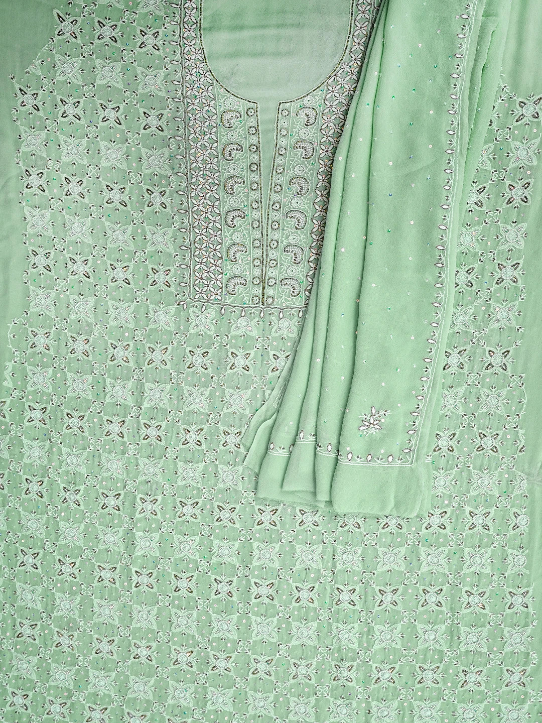 Ada Hand Embroidered Tea Green Pure Georgette Lucknowi Chikankari Unstitched Kurta Dupatta Set With Cutdana Work 01A533912