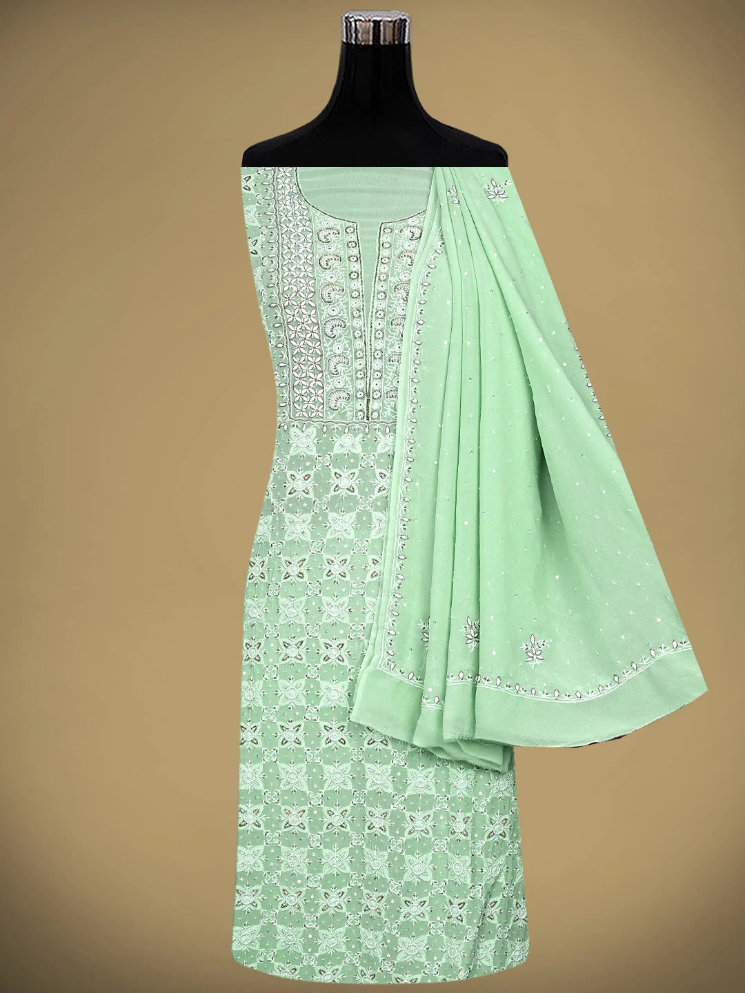 Ada Hand Embroidered Tea Green Pure Georgette Lucknowi Chikankari Unstitched Kurta Dupatta Set With Cutdana Work 01A533912