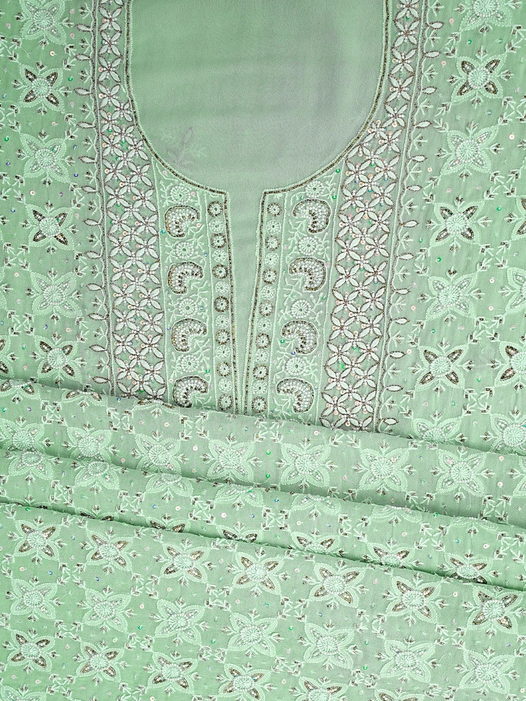 Ada Hand Embroidered Tea Green Pure Georgette Lucknowi Chikankari Unstitched Kurta Dupatta Set With Cutdana Work 01A533912