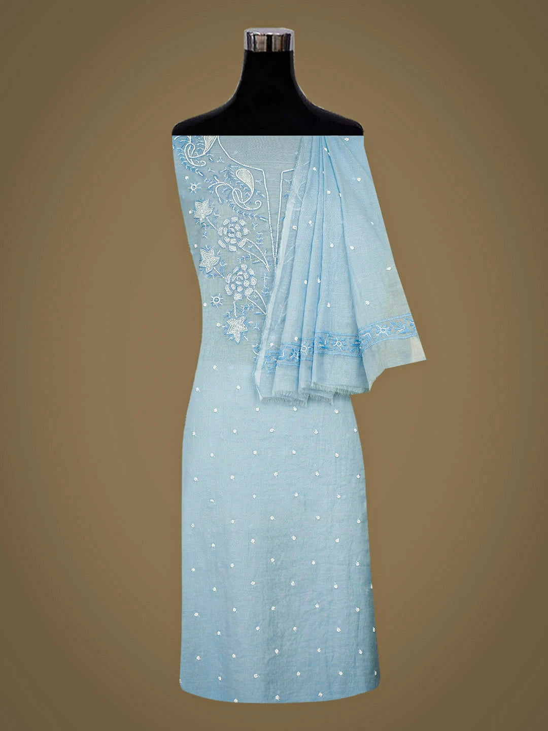 Ada Hand Embroidered Blue Chanderi Lucknowi Chikankari Unstitched Kurta Dupatta Set With Pearl Work 01A972858