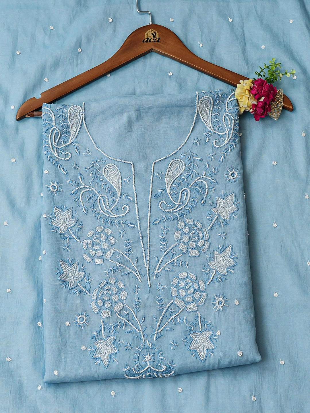 Ada Hand Embroidered Blue Chanderi Lucknowi Chikankari Unstitched Kurta Dupatta Set With Pearl Work 01A972858