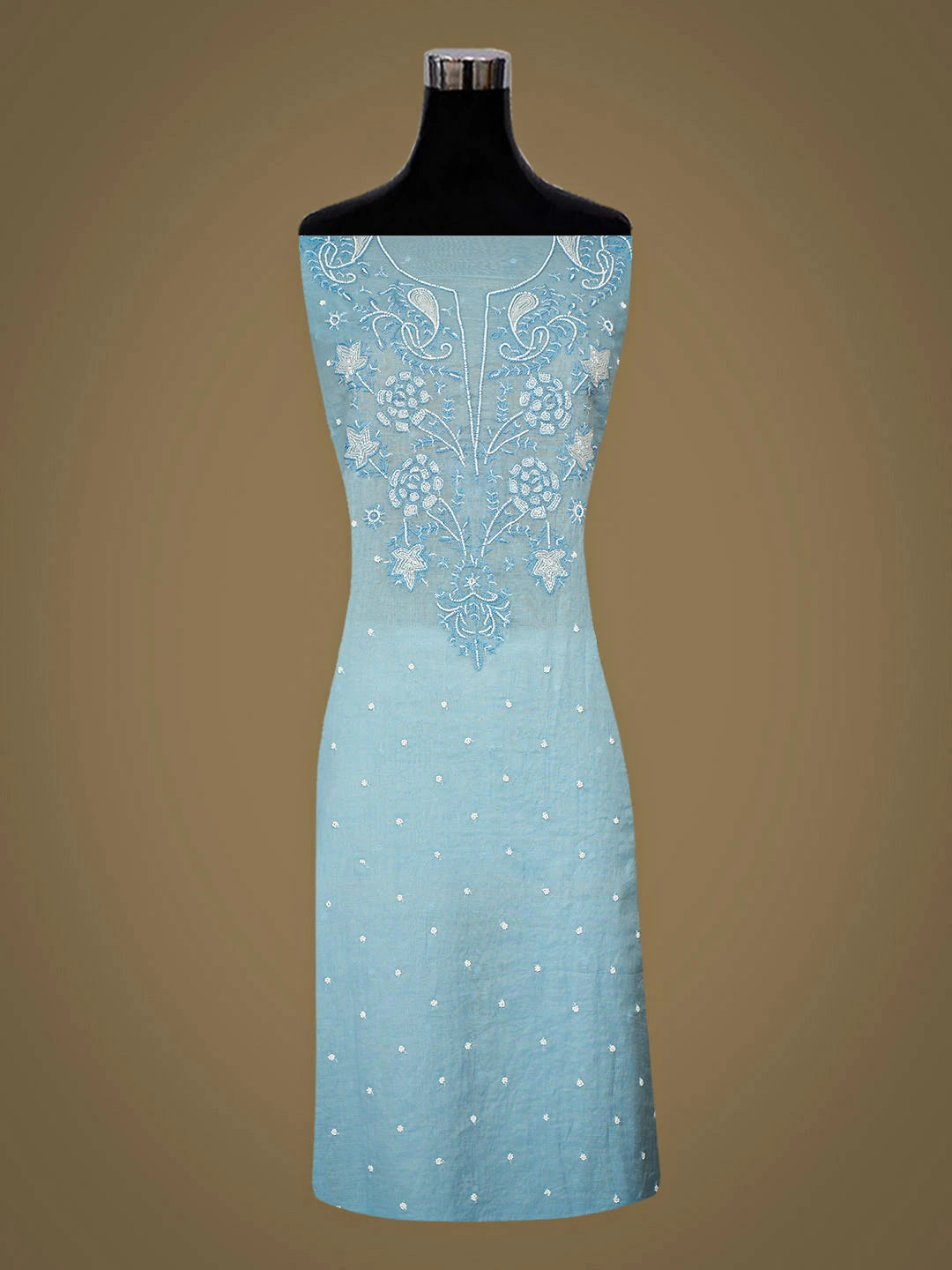 Ada Hand Embroidered Blue Chanderi Lucknowi Chikankari Unstitched Kurta Dupatta Set With Pearl Work 01A972858