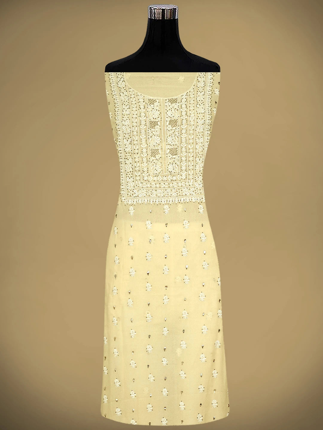 Ada Hand Embroidered Beige Pure Georgette Lucknowi Chikankari Unstitched Kurta Dupatta Set With Muqaish/Mukaish 01A273804