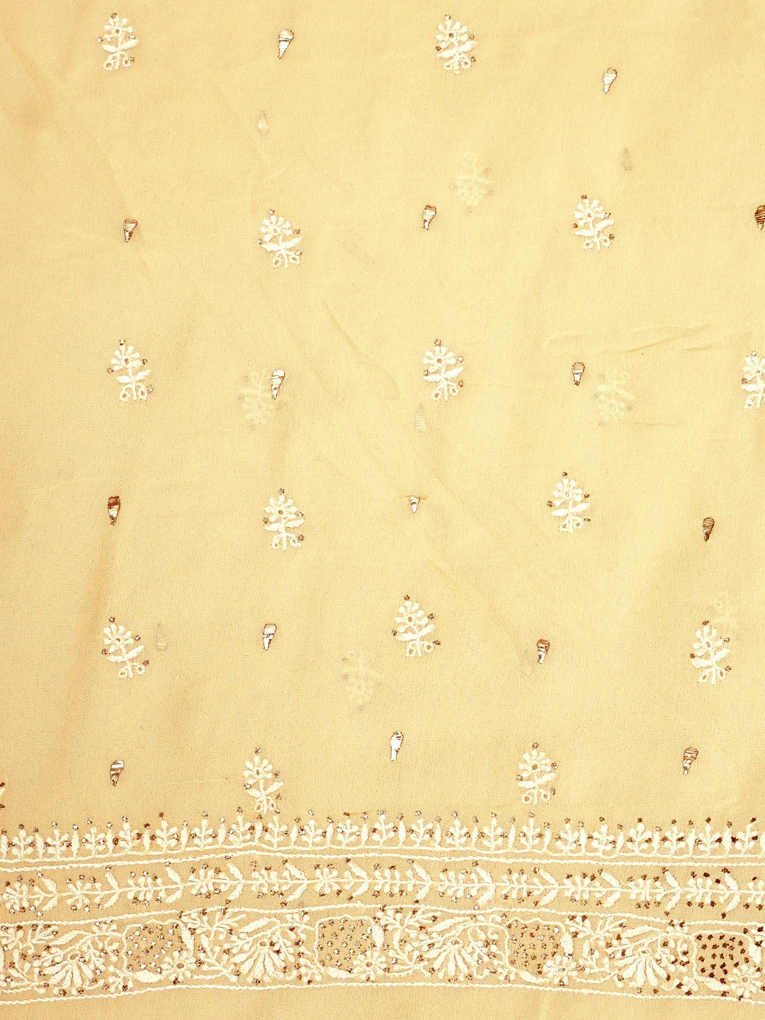 Ada Hand Embroidered Beige Pure Georgette Lucknowi Chikankari Unstitched Kurta Dupatta Set With Muqaish/Mukaish 01A273804