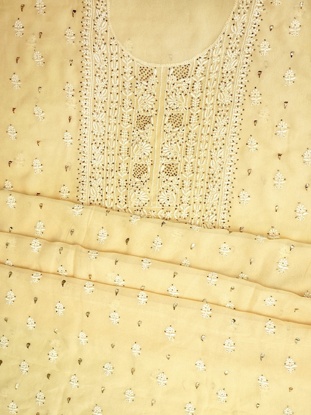 Ada Hand Embroidered Beige Pure Georgette Lucknowi Chikankari Unstitched Kurta Dupatta Set With Muqaish/Mukaish 01A273804