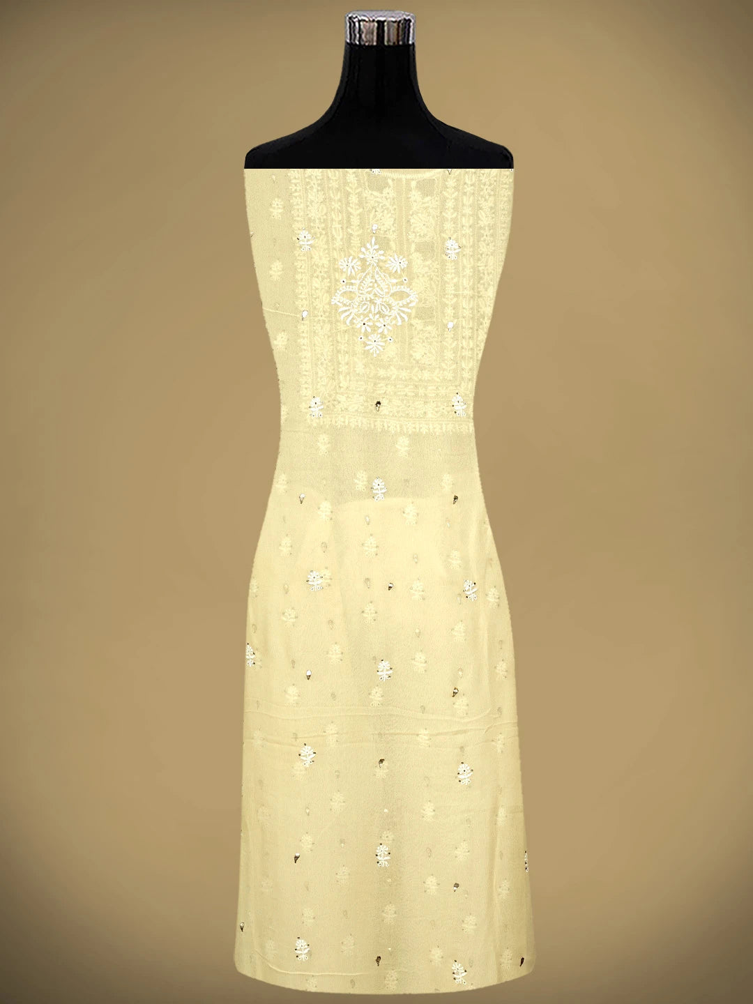 Ada Hand Embroidered Beige Pure Georgette Lucknowi Chikankari Unstitched Kurta Dupatta Set With Muqaish/Mukaish 01A273804