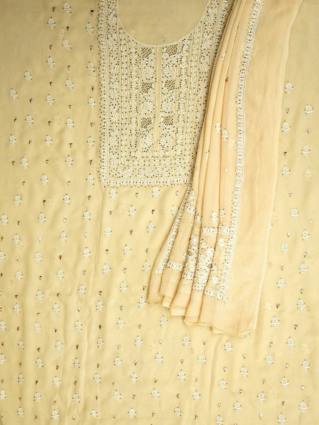 Ada Hand Embroidered Beige Pure Georgette Lucknowi Chikankari Unstitched Kurta Dupatta Set With Muqaish/Mukaish 01A273804