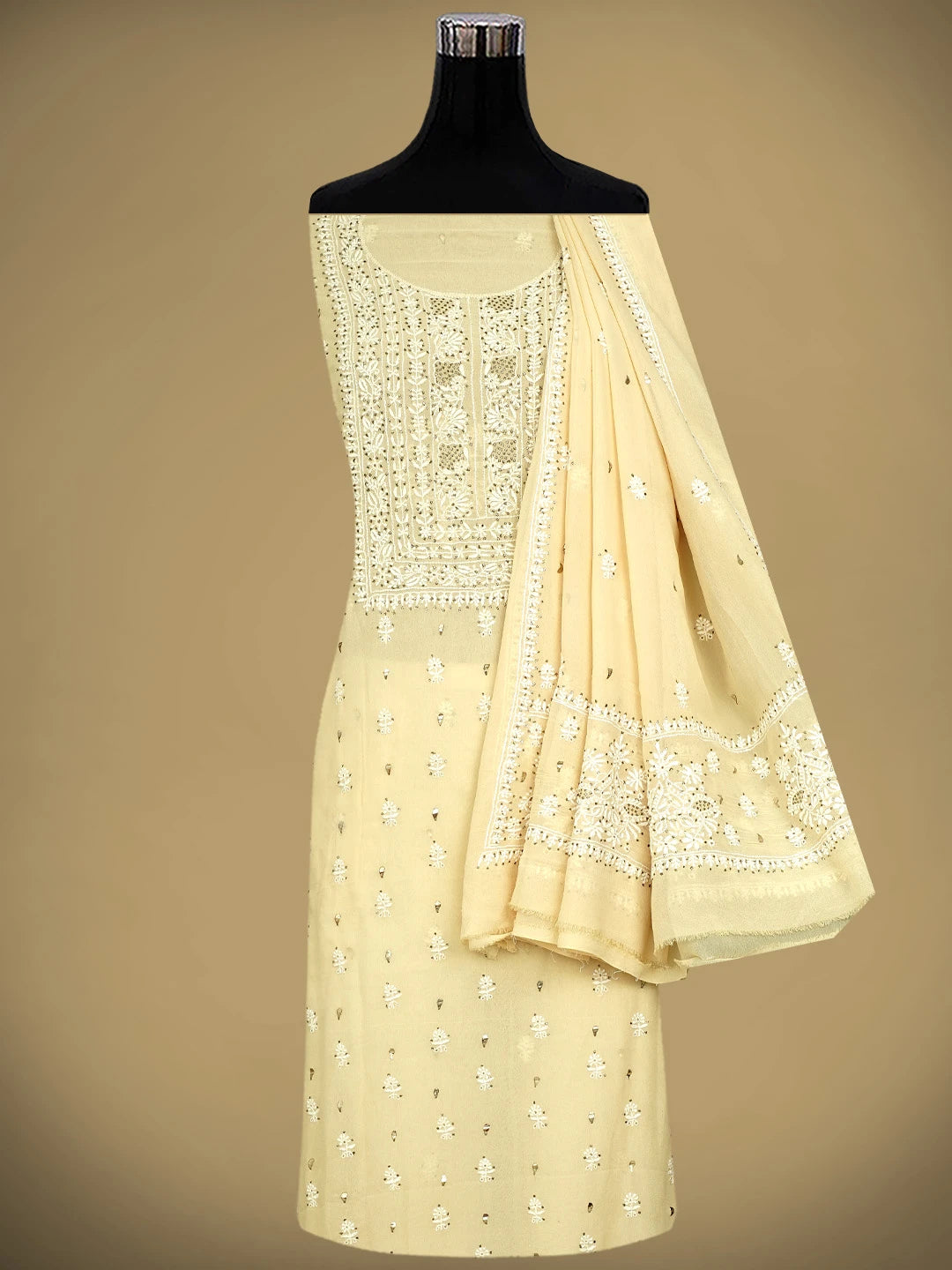 Ada Hand Embroidered Beige Pure Georgette Lucknowi Chikankari Unstitched Kurta Dupatta Set With Muqaish/Mukaish 01A273804