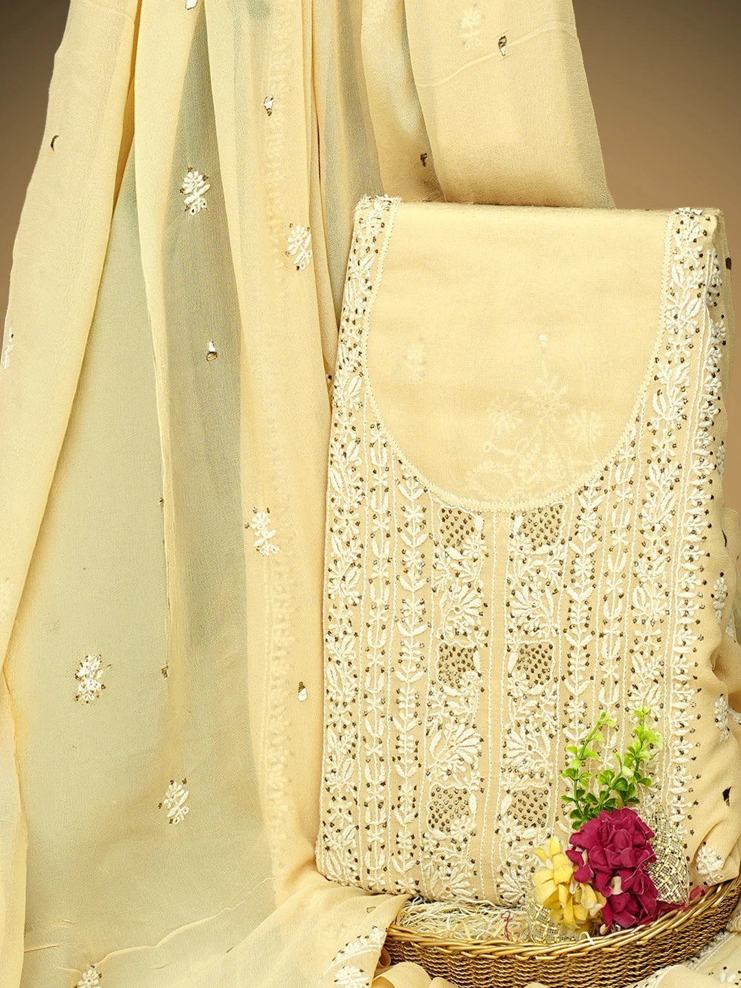 Ada Hand Embroidered Beige Pure Georgette Lucknowi Chikankari Unstitched Kurta Dupatta Set With Muqaish/Mukaish 01A273804