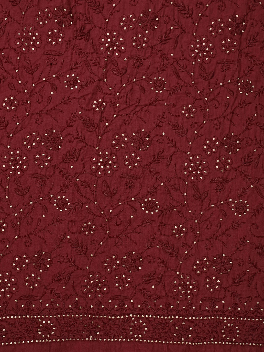 Ada Hand Embroidered Maroon Cotton Lucknowi Chikankari Unstitched Kurta Dupatta Set With Mukaish Work 01A160504