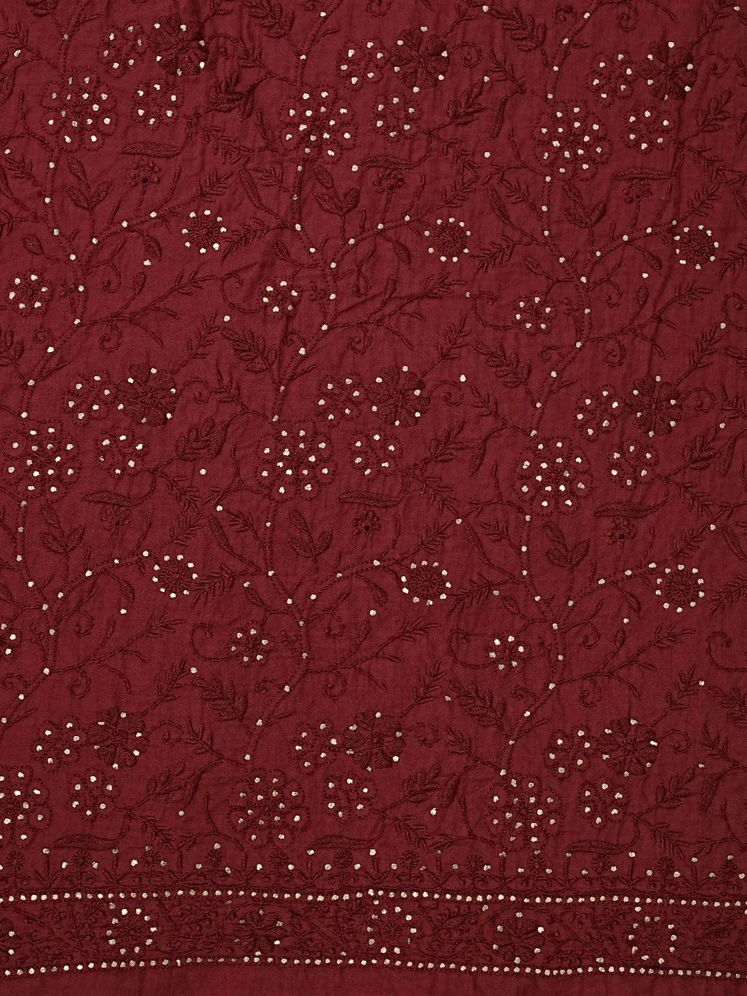 Ada Hand Embroidered Maroon Cotton Lucknowi Chikankari Unstitched Kurta Dupatta Set With Mukaish Work 01A160504