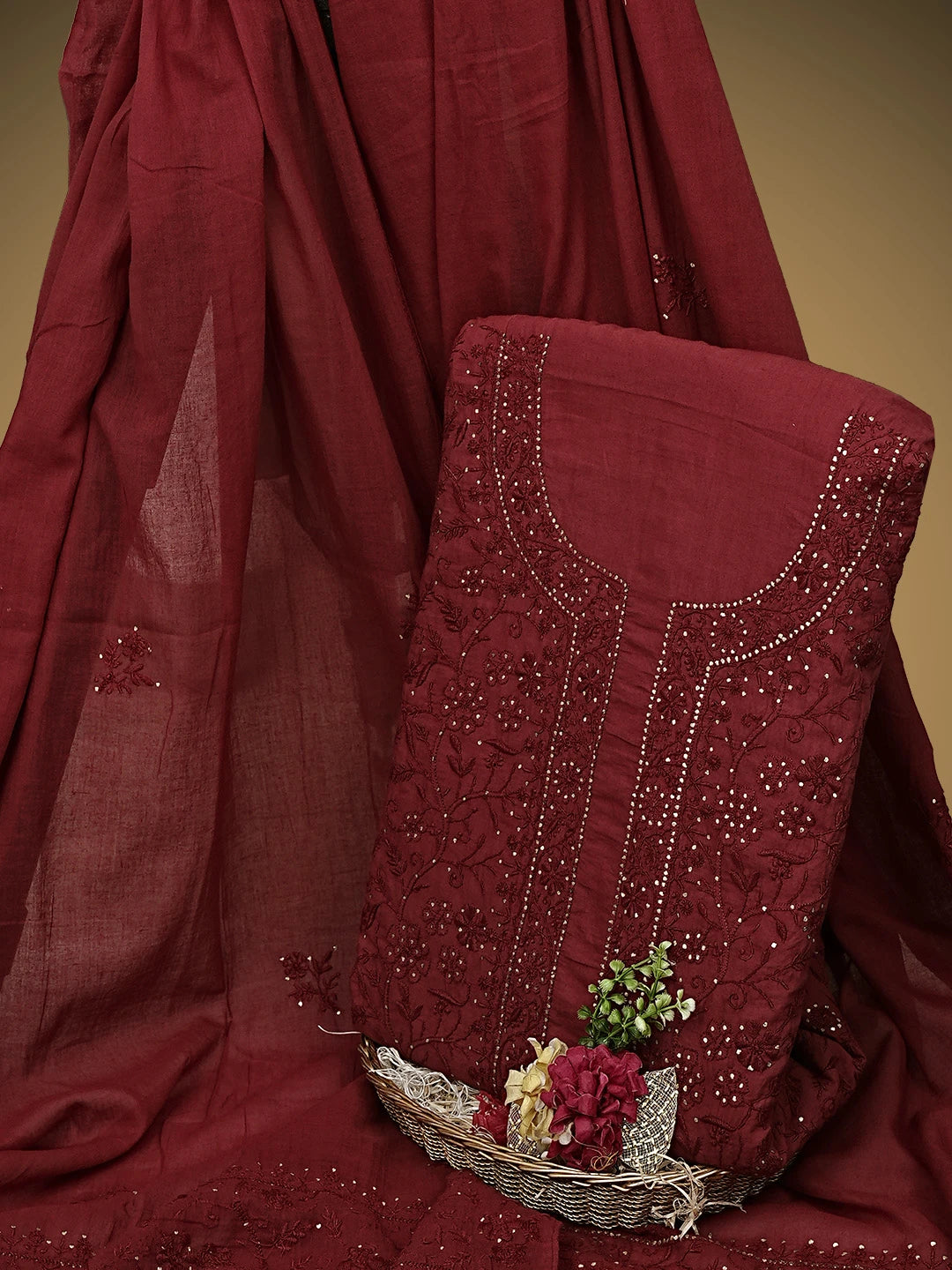 Ada Hand Embroidered Maroon Cotton Lucknowi Chikankari Unstitched Kurta Dupatta Set With Mukaish Work 01A160504