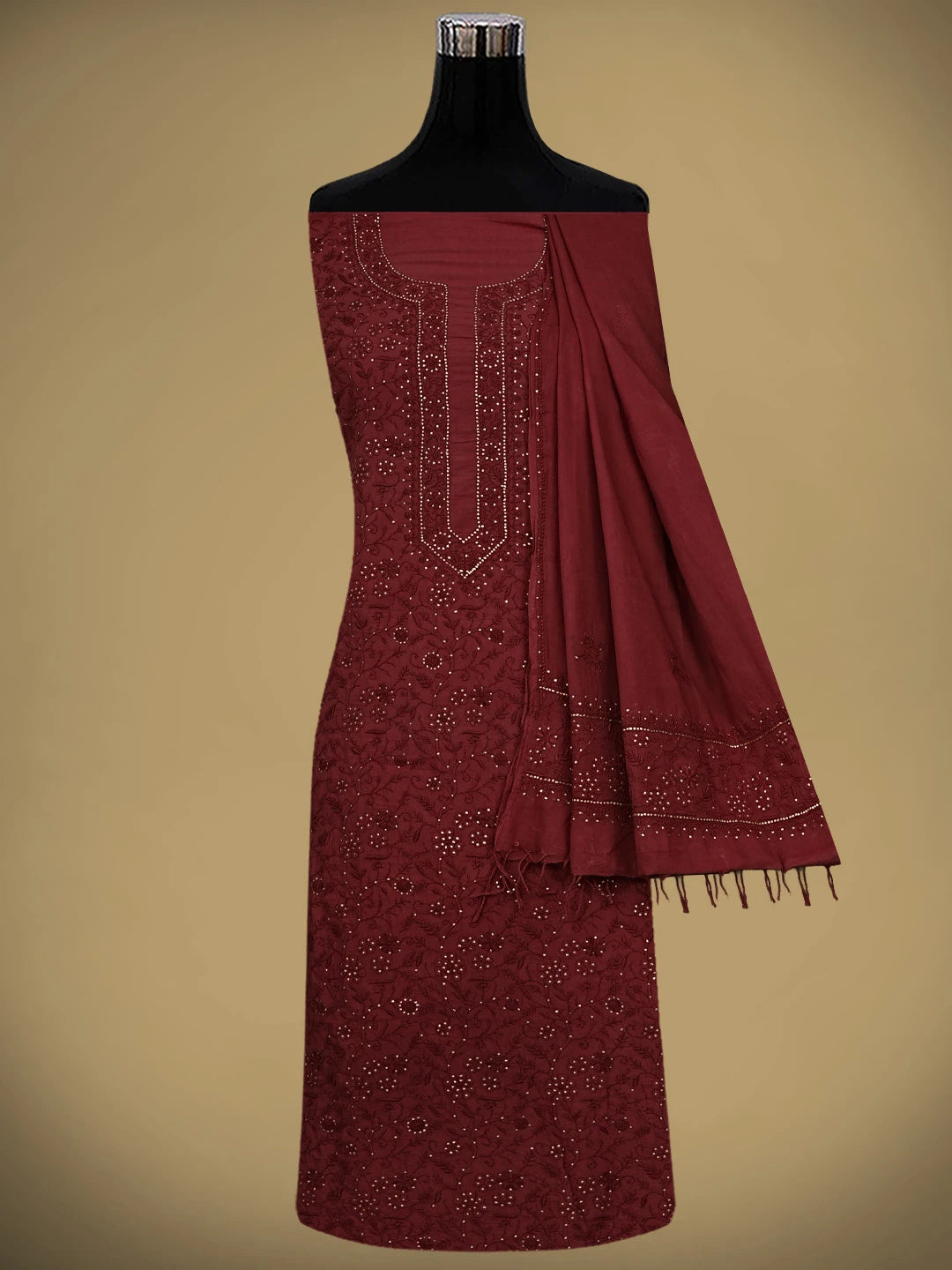 Ada Hand Embroidered Maroon Cotton Lucknowi Chikankari Unstitched Kurta Dupatta Set With Mukaish Work 01A160504