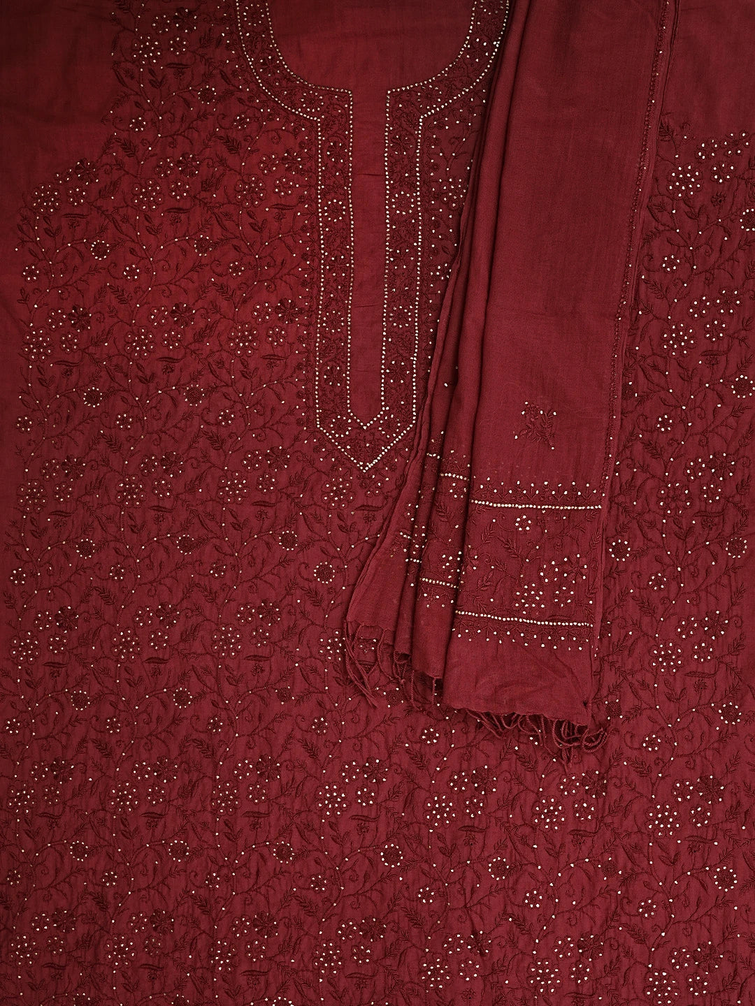 Ada Hand Embroidered Maroon Cotton Lucknowi Chikankari Unstitched Kurta Dupatta Set With Mukaish Work 01A160504