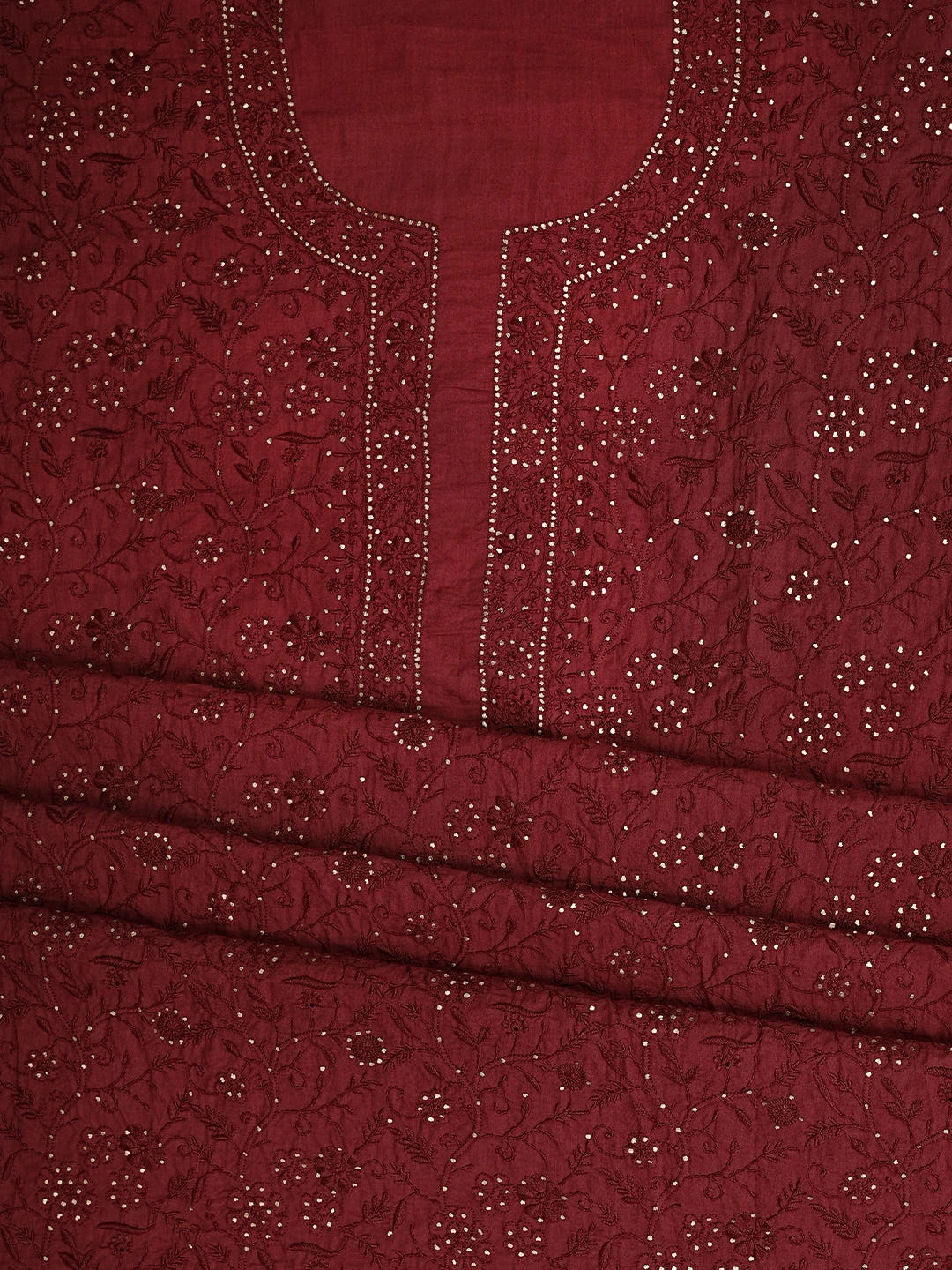 Ada Hand Embroidered Maroon Cotton Lucknowi Chikankari Unstitched Kurta Dupatta Set With Mukaish Work 01A160504