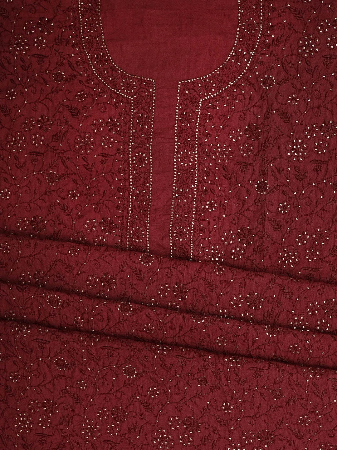 Ada Hand Embroidered Maroon Cotton Lucknowi Chikankari Unstitched Kurta Dupatta Set With Mukaish Work 01A160504