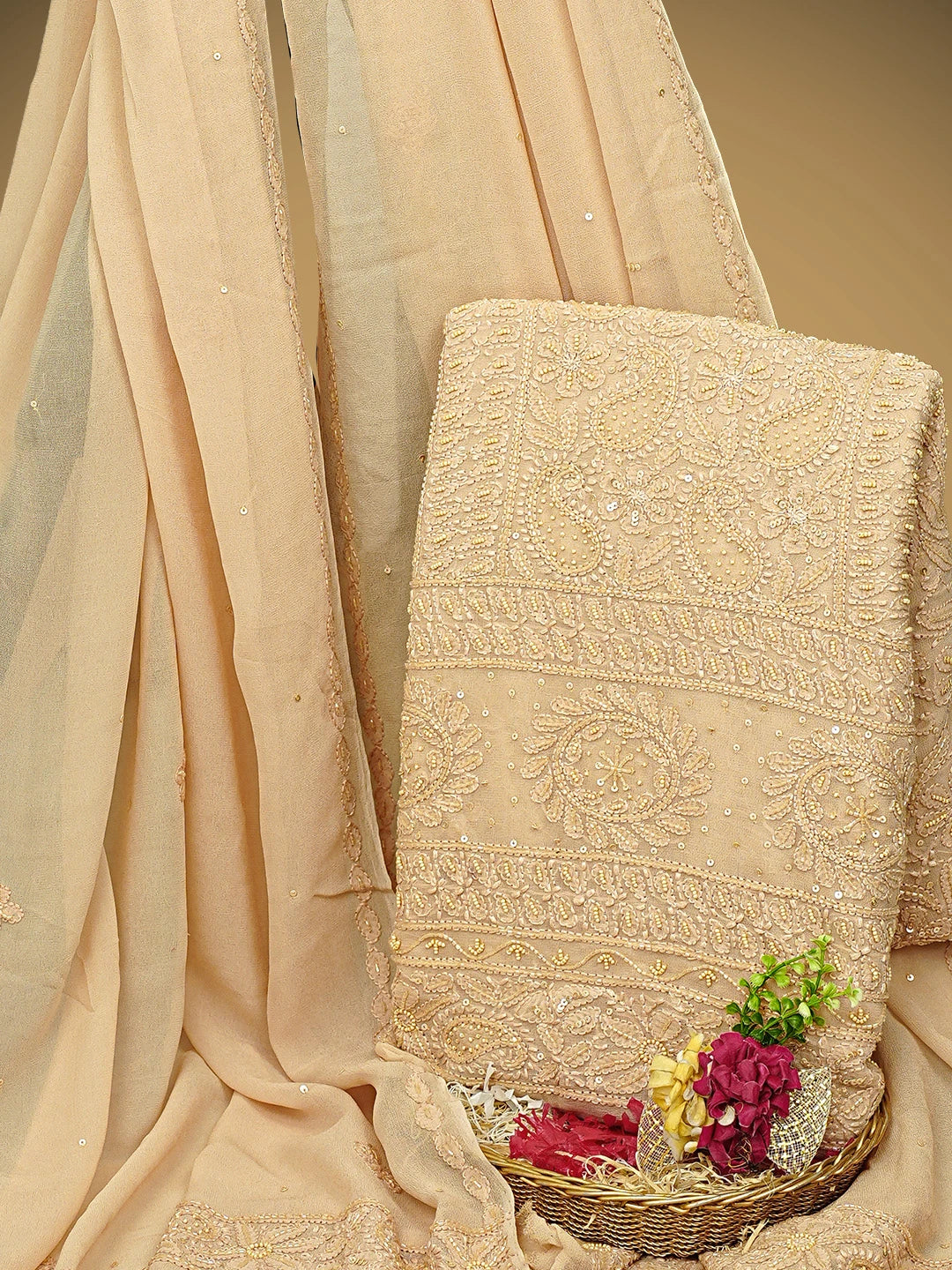 Ada Hand Embroidered Fawn Viscose Georgette Lucknowi Chikankari Unstitched Kurta Dupatta Set With Pearl Work 01A792768