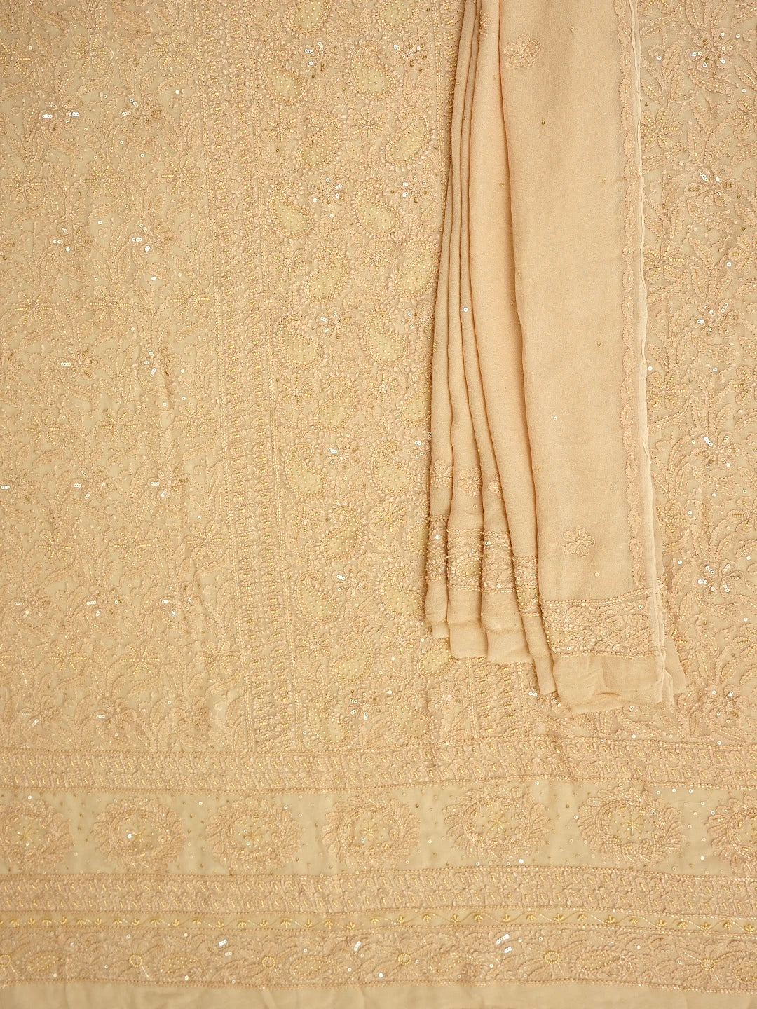 Ada Hand Embroidered Fawn Viscose Georgette Lucknowi Chikankari Unstitched Kurta Dupatta Set With Pearl Work 01A792768