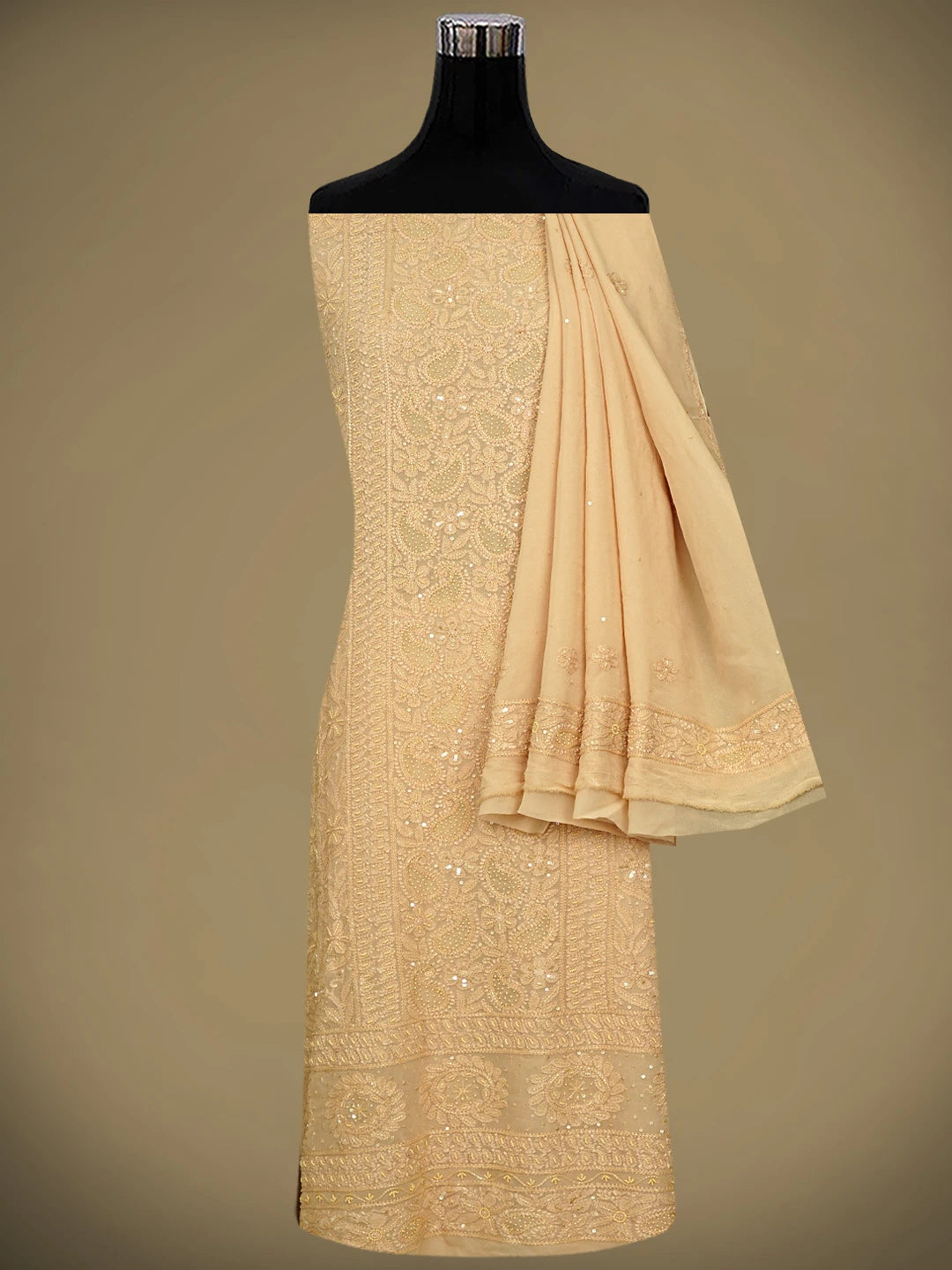 Ada Hand Embroidered Fawn Viscose Georgette Lucknowi Chikankari Unstitched Kurta Dupatta Set With Pearl Work 01A792768