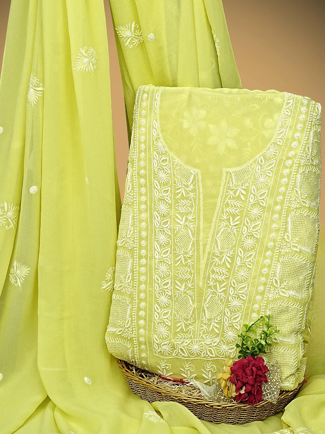 Ada Hand Embroidered Lemon Pure Georgette Lucknowi Chikankari Unstitched Kurta Dupatta Set 01A919149