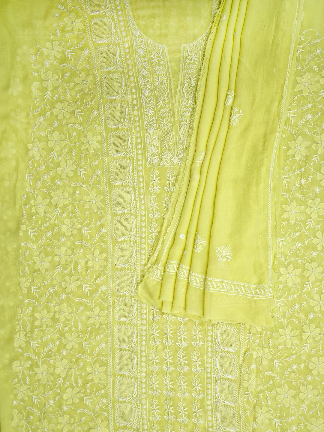 Ada Hand Embroidered Lemon Pure Georgette Lucknowi Chikankari Unstitched Kurta Dupatta Set 01A919149