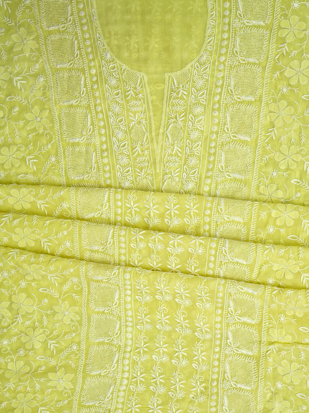 Ada Hand Embroidered Lemon Pure Georgette Lucknowi Chikankari Unstitched Kurta Dupatta Set 01A919149
