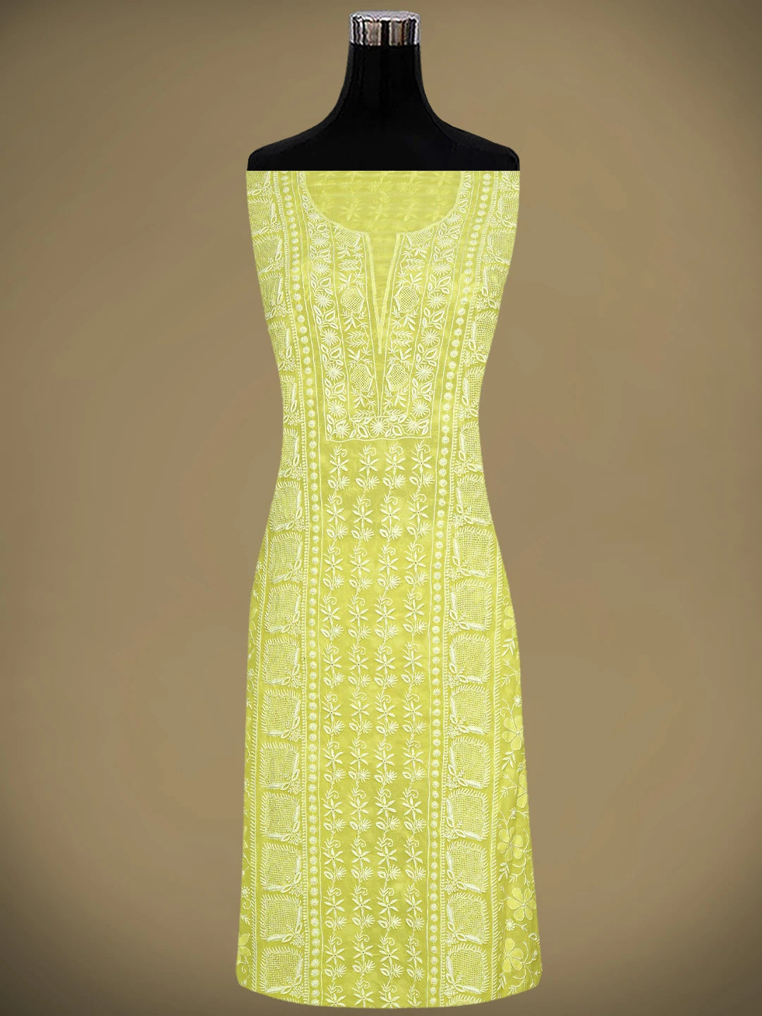 Ada Hand Embroidered Lemon Pure Georgette Lucknowi Chikankari Unstitched Kurta Dupatta Set 01A919149