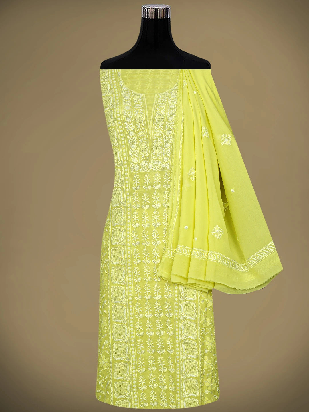 Ada Hand Embroidered Lemon Pure Georgette Lucknowi Chikankari Unstitched Kurta Dupatta Set 01A919149