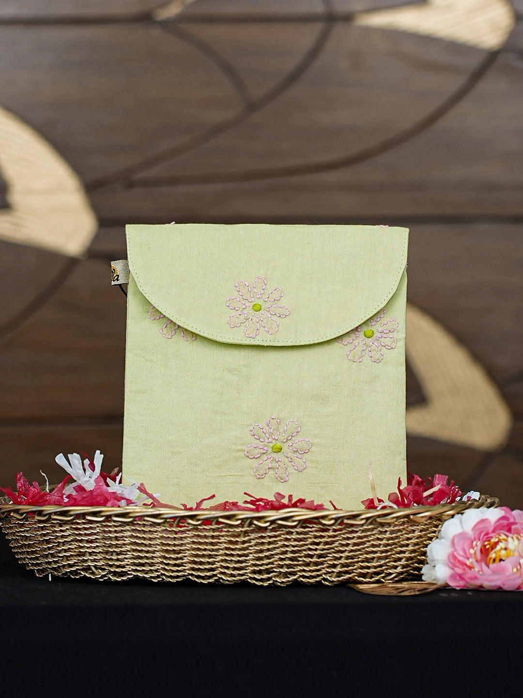 Ada Hand Embroidered Green Cotton Lucknowi Chikankari Pouch 01A923023