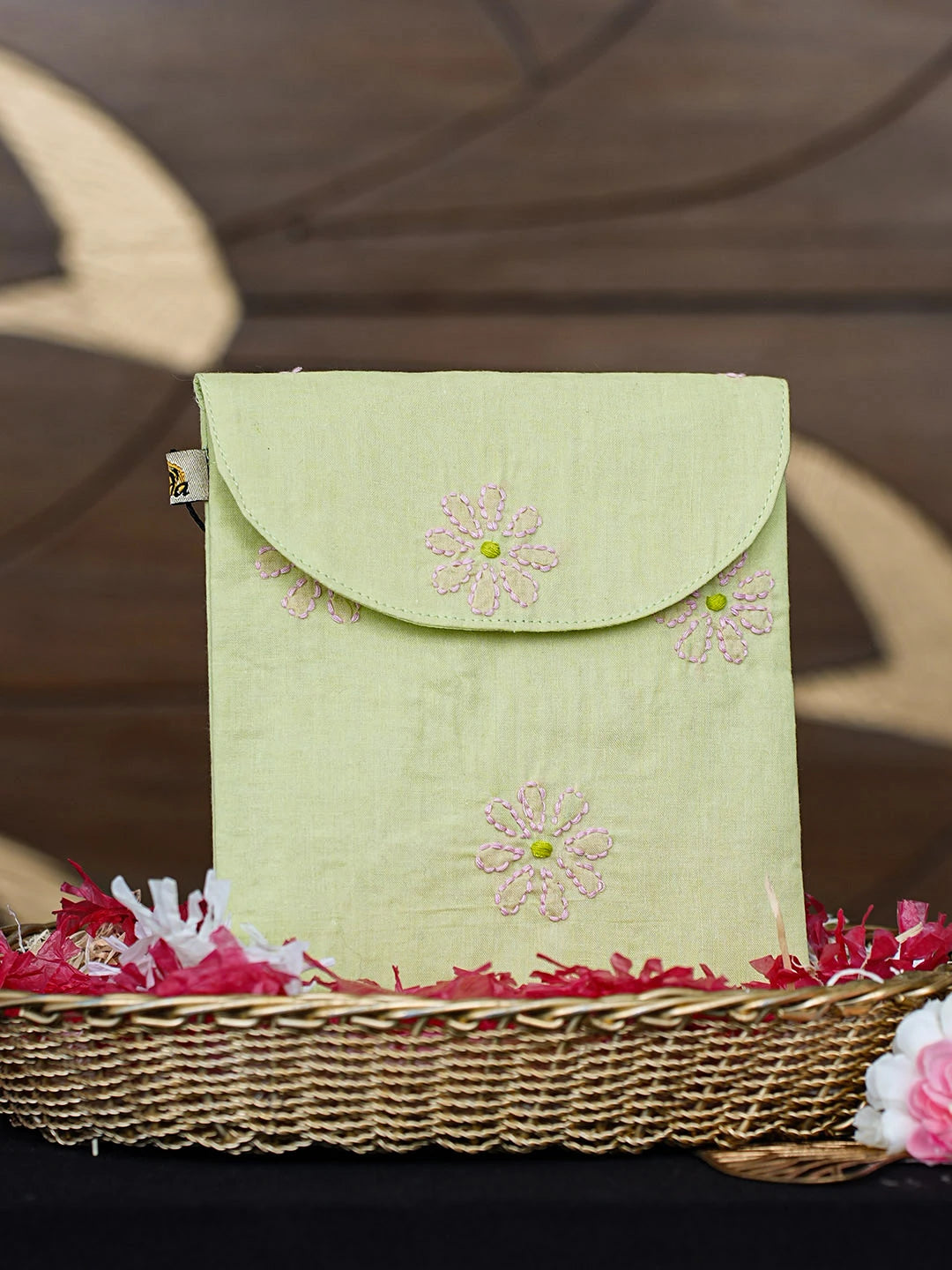 Ada Hand Embroidered Green Cotton Lucknowi Chikankari Pouch 01A923023