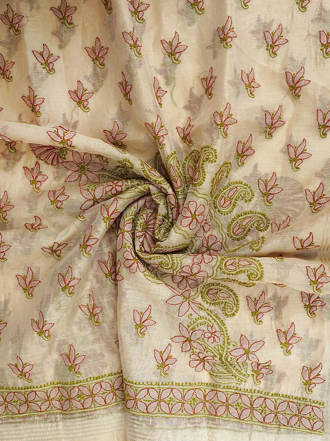 Ada Hand Embroidered Fawn Chanderi Lucknowi Chikankari Unstitched Kurta Dupatta Set 01A980145