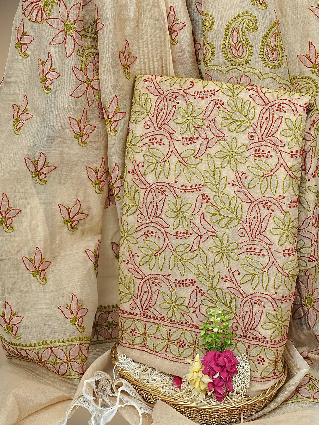 Ada Hand Embroidered Fawn Chanderi Lucknowi Chikankari Unstitched Kurta Dupatta Set 01A980145